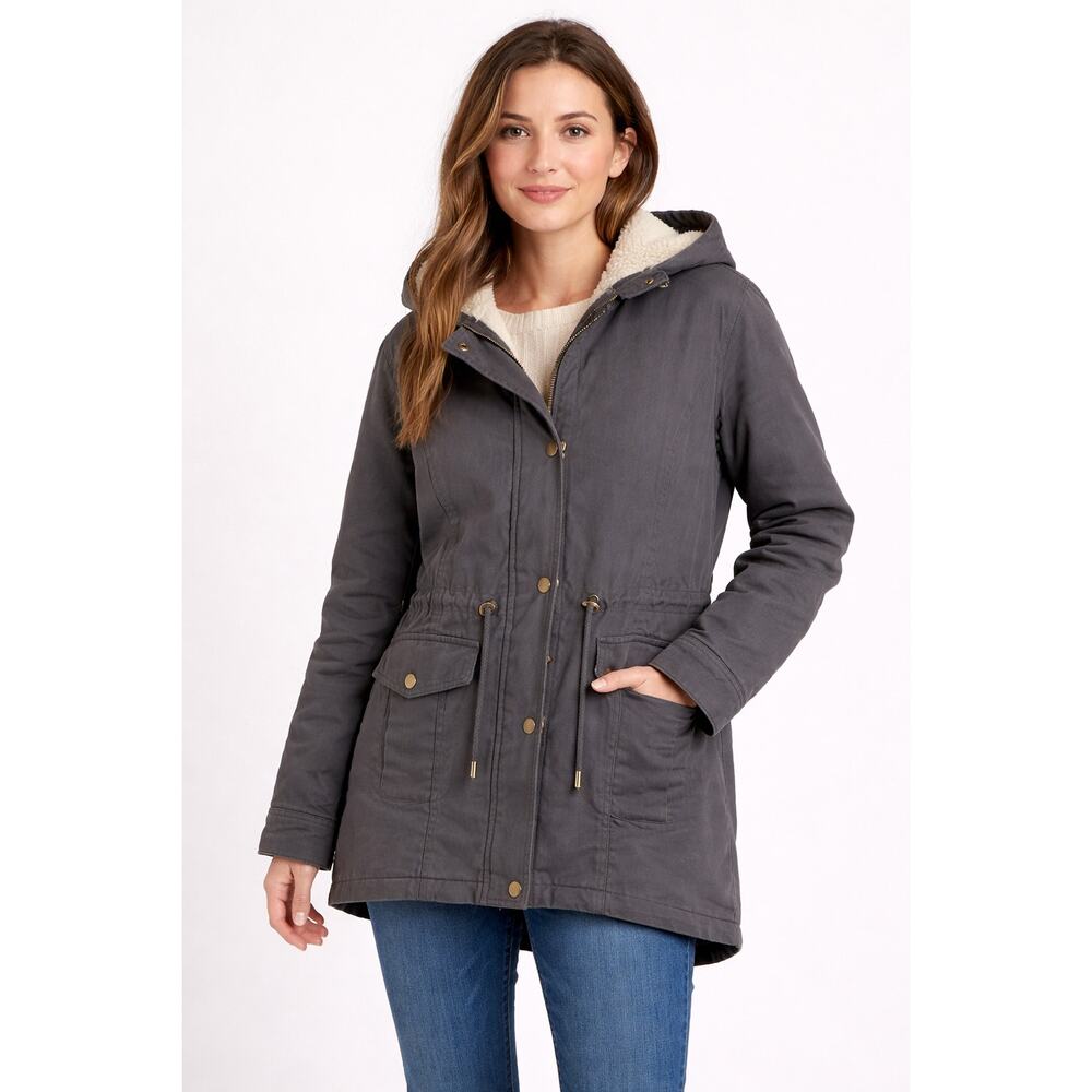 Sebby Hooded Utility Jacket Womens Medium Gray Sherpa Lined Coat